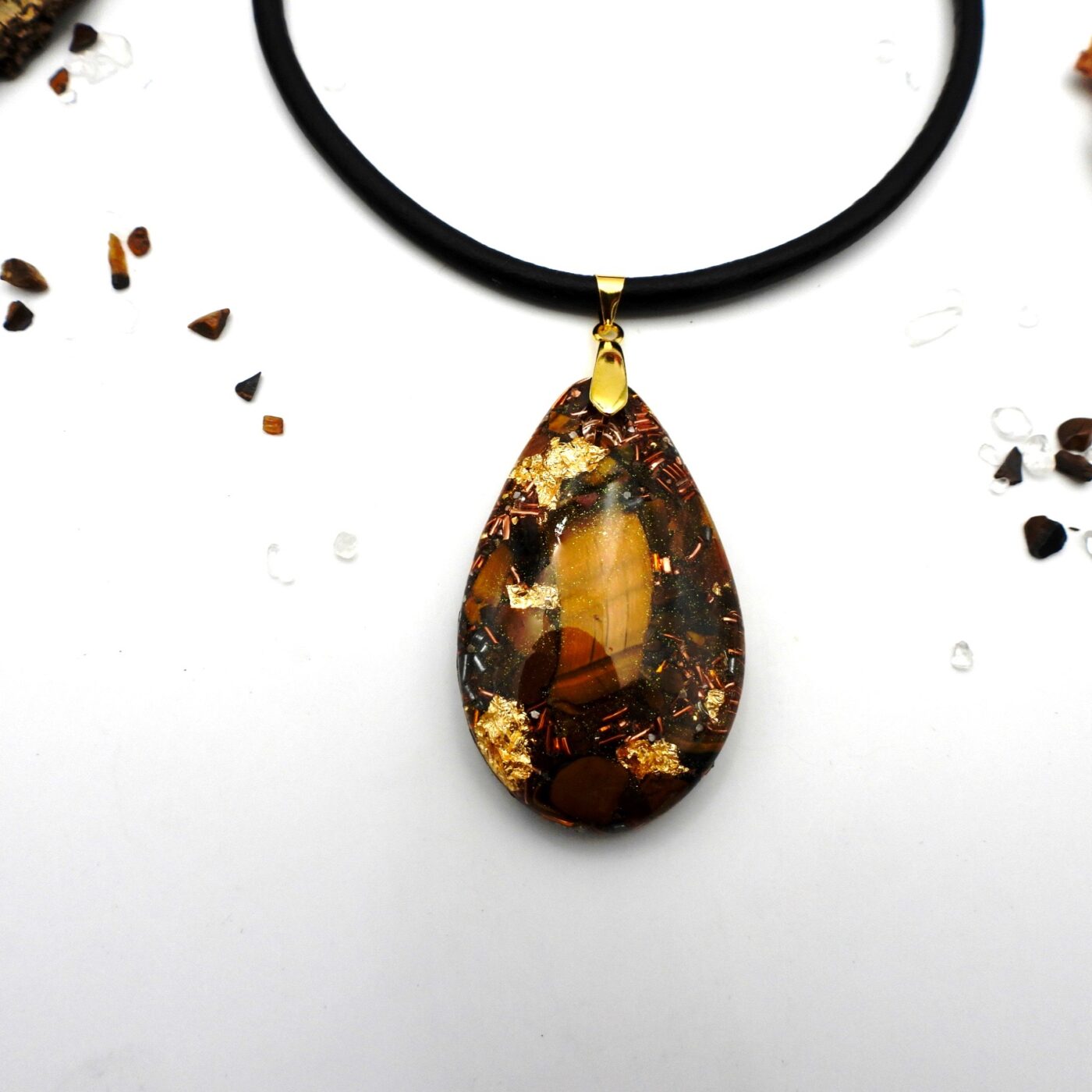Pendentif orgonite galet goutte oeil de tigre