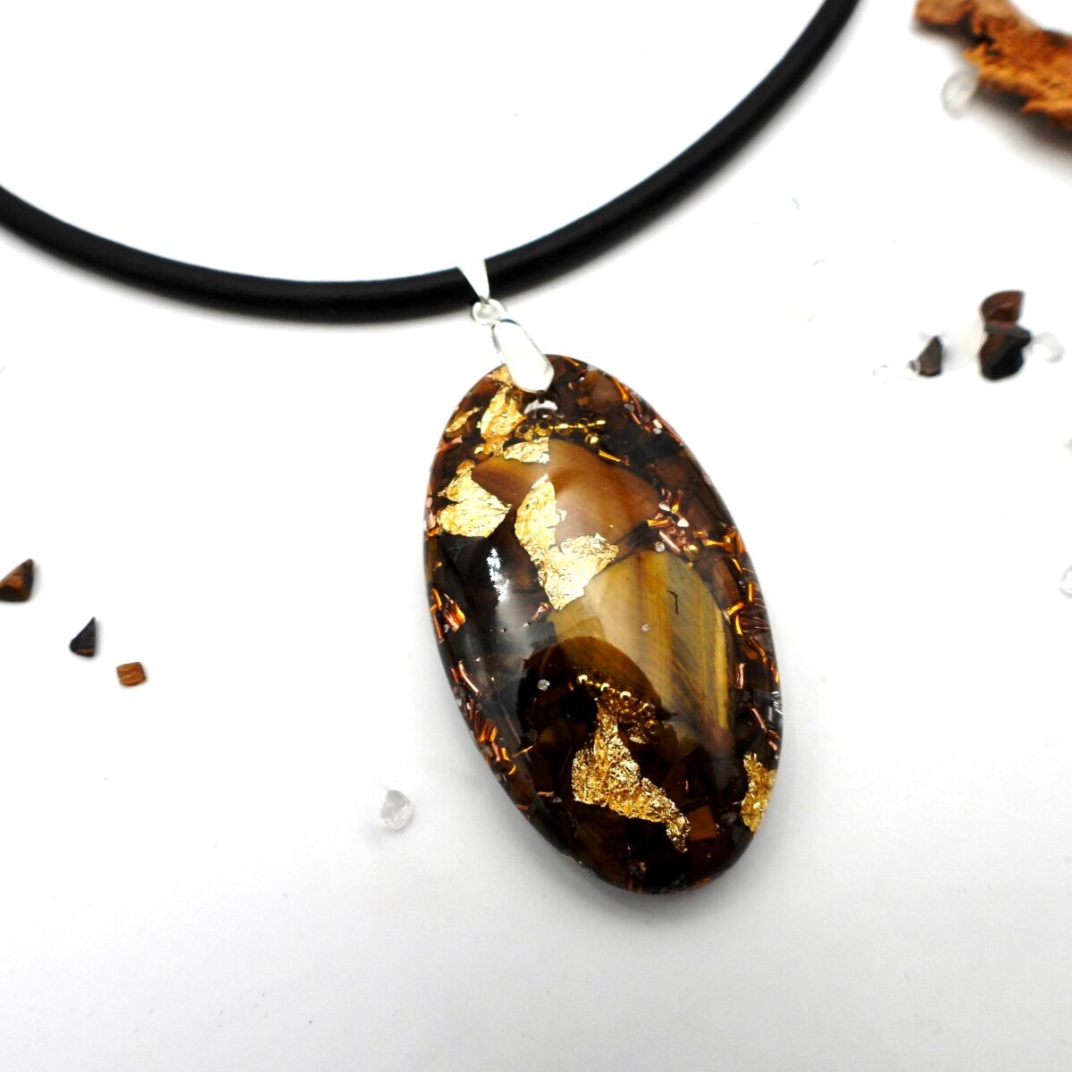 Pendentif orgonite galet ovale oeil de tigre