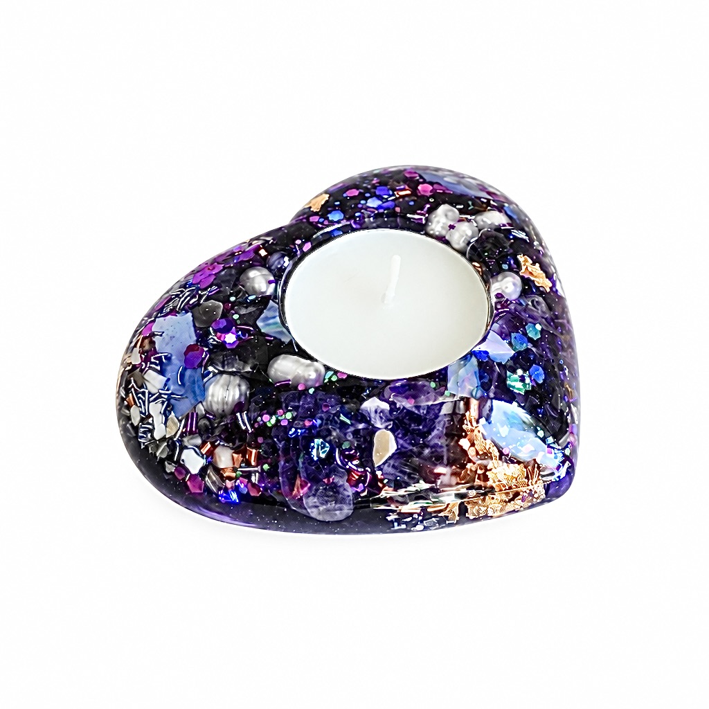 Bougeoir orgonite coeur Printemps Mauve
