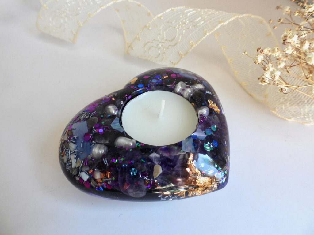 Bougeoir orgonite coeur Printemps Mauve