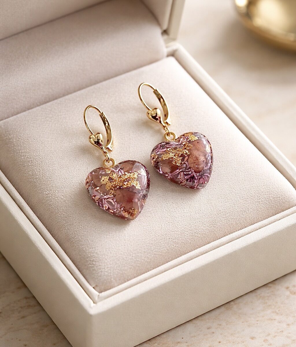 Boucles d'oreilles orgonite coeur rhodocrosite