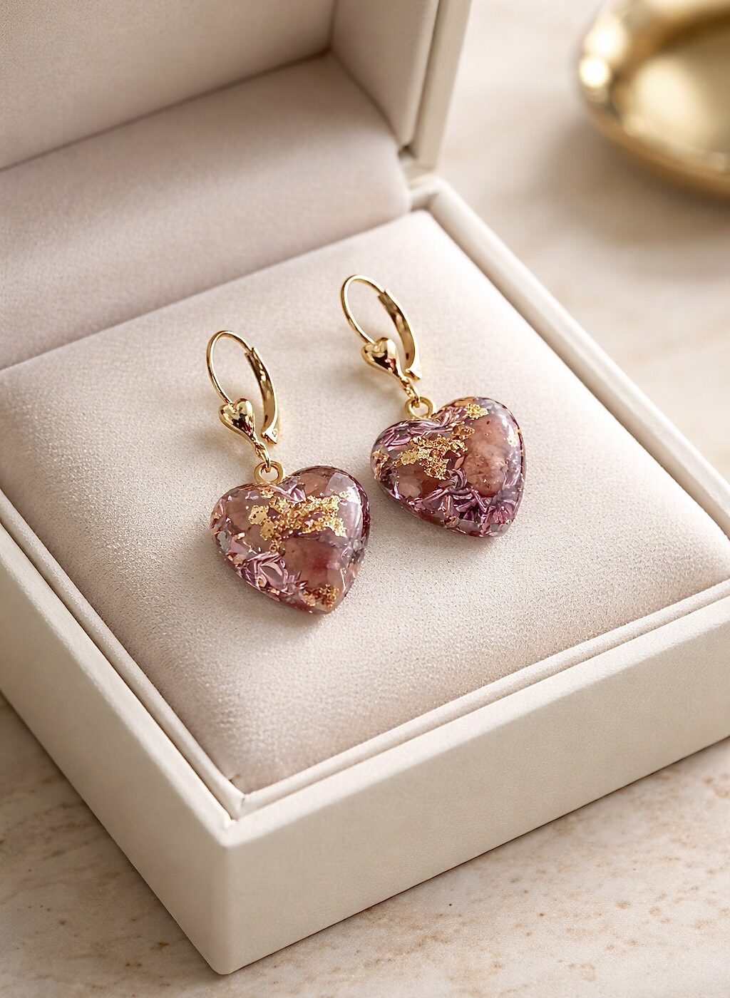 Boucles d'oreilles orgonite coeur rhodocrosite