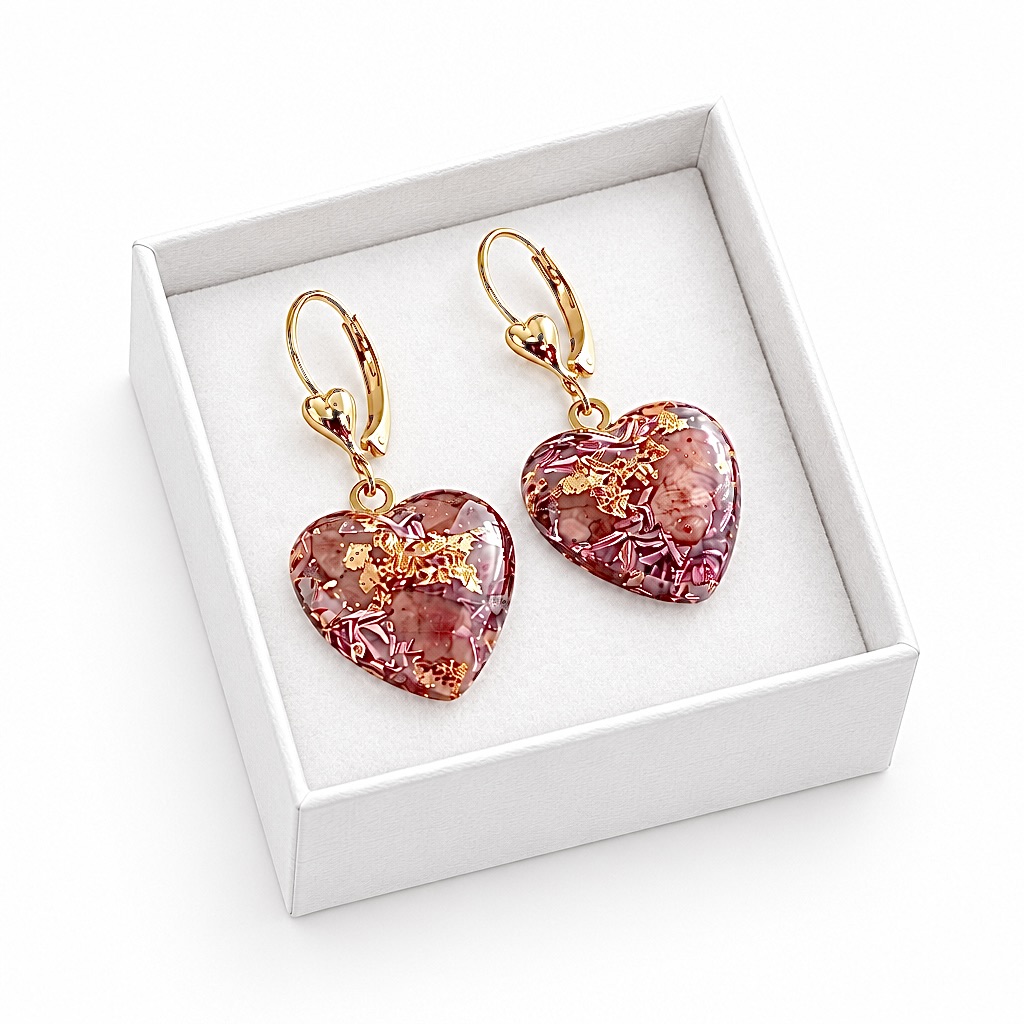 Boucles d'oreilles orgonite coeur rhodocrosite