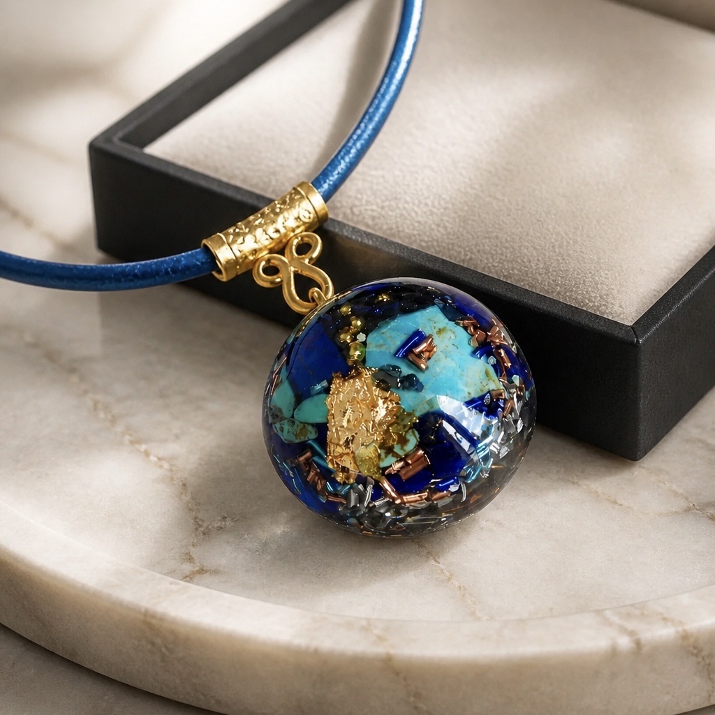 Pendentif orgonite demi sphère turquoises et lapis lazuli
