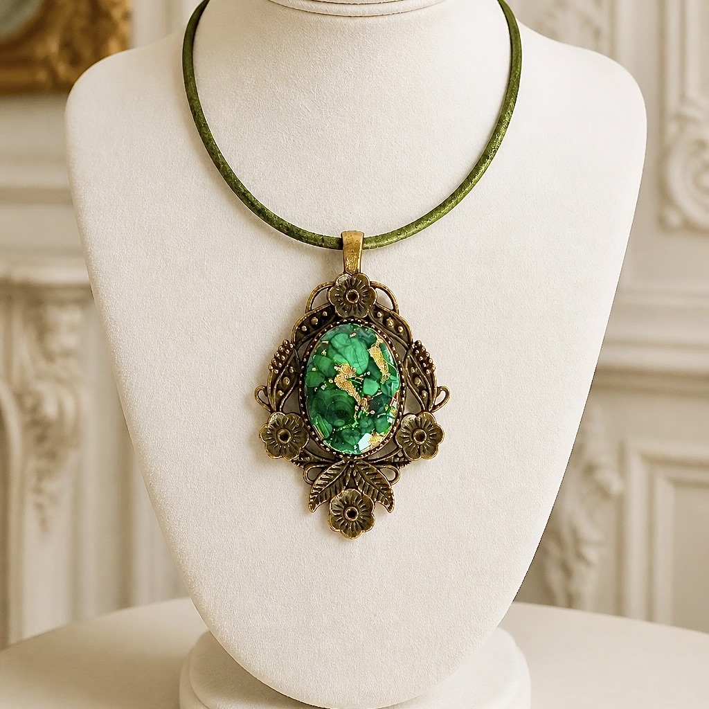 Pendentif orgonite ovale baroque malachite cuir