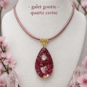 Pendentif orgonite galet goutte quartz cerise