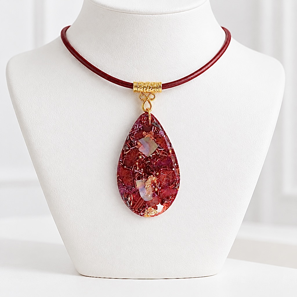 Pendentif orgonite galet goutte quartz cerise