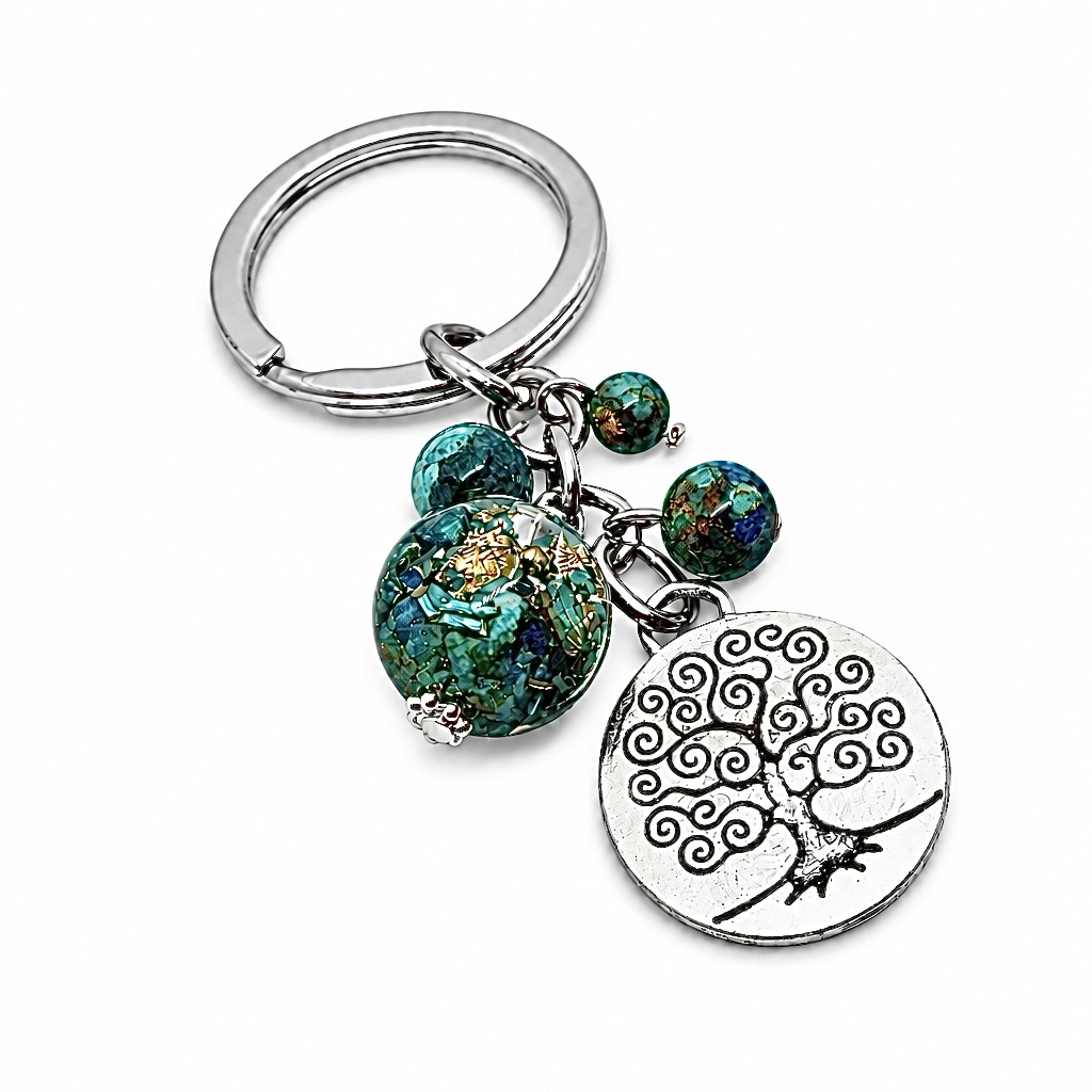 Porte clefs orgonite sphère chrysocolle arbre