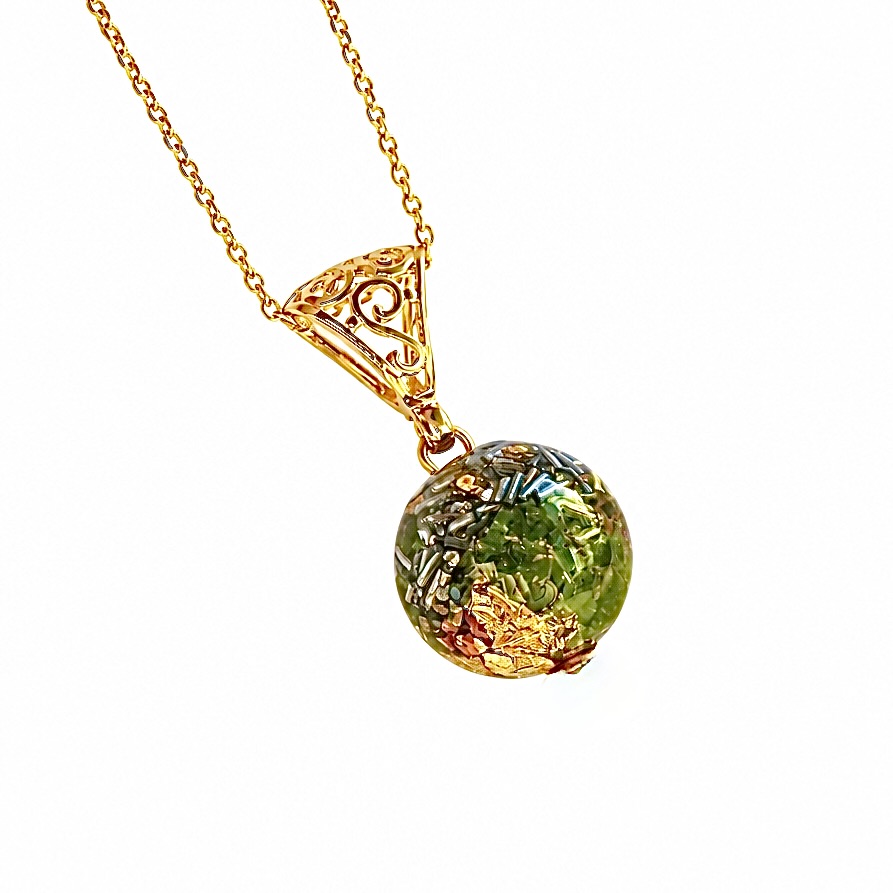 Pendentif orgonite sphère péridot